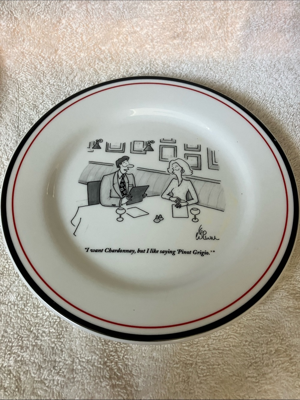 New Yorker Wine Cartoon Bistro White Plate  Restoration Hardware 8”